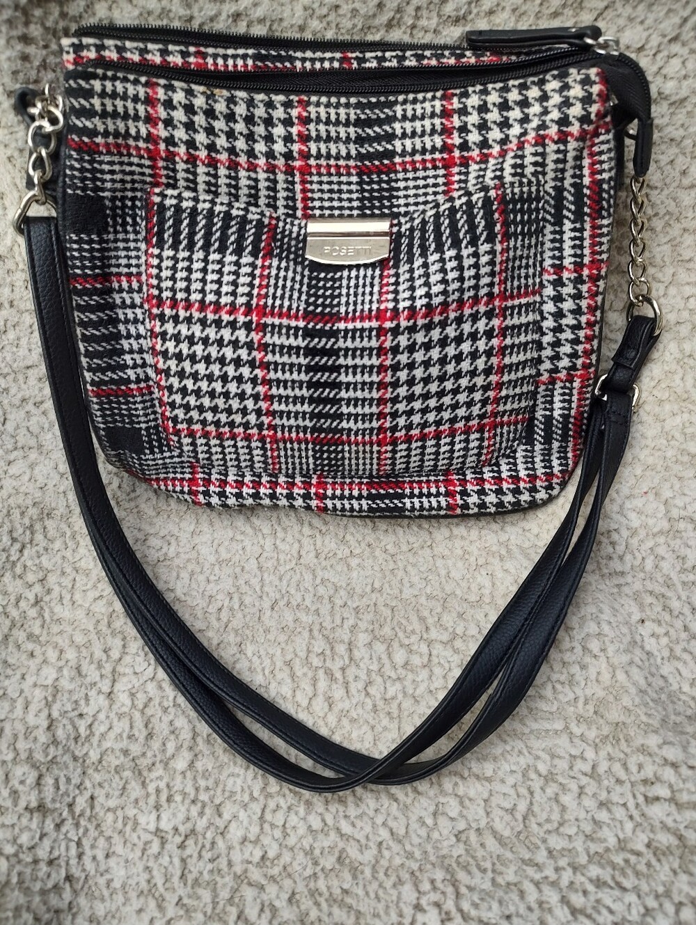 Plaid Crossbody Bag with Black Strap and Red Accents